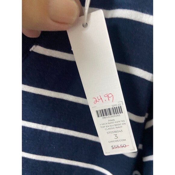 NWT Chicos ultimate tee size 3 Women XL Navy Blue Stripe Nautical Coastal V Neck - Picture 3 of 9